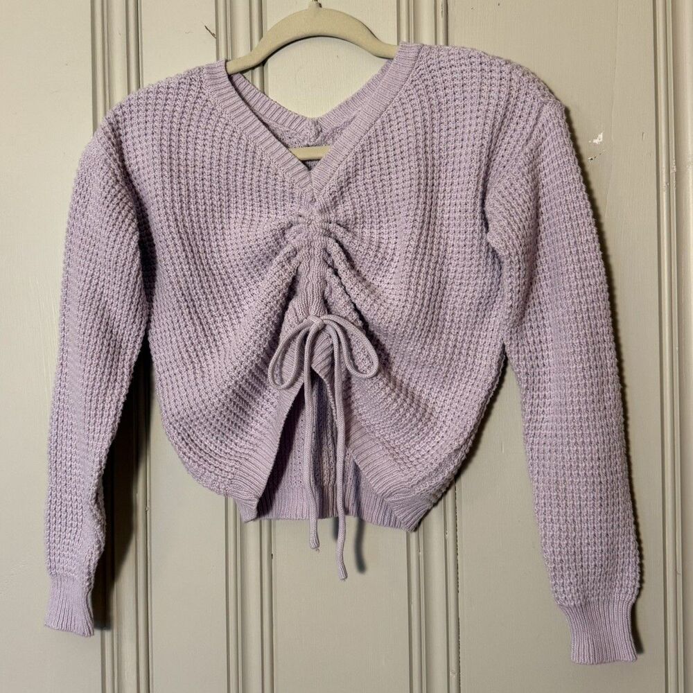 Sincerely Jules Crochet Knit Crop Sweater Drawstring Ruched Lilac Lavender Sz XS